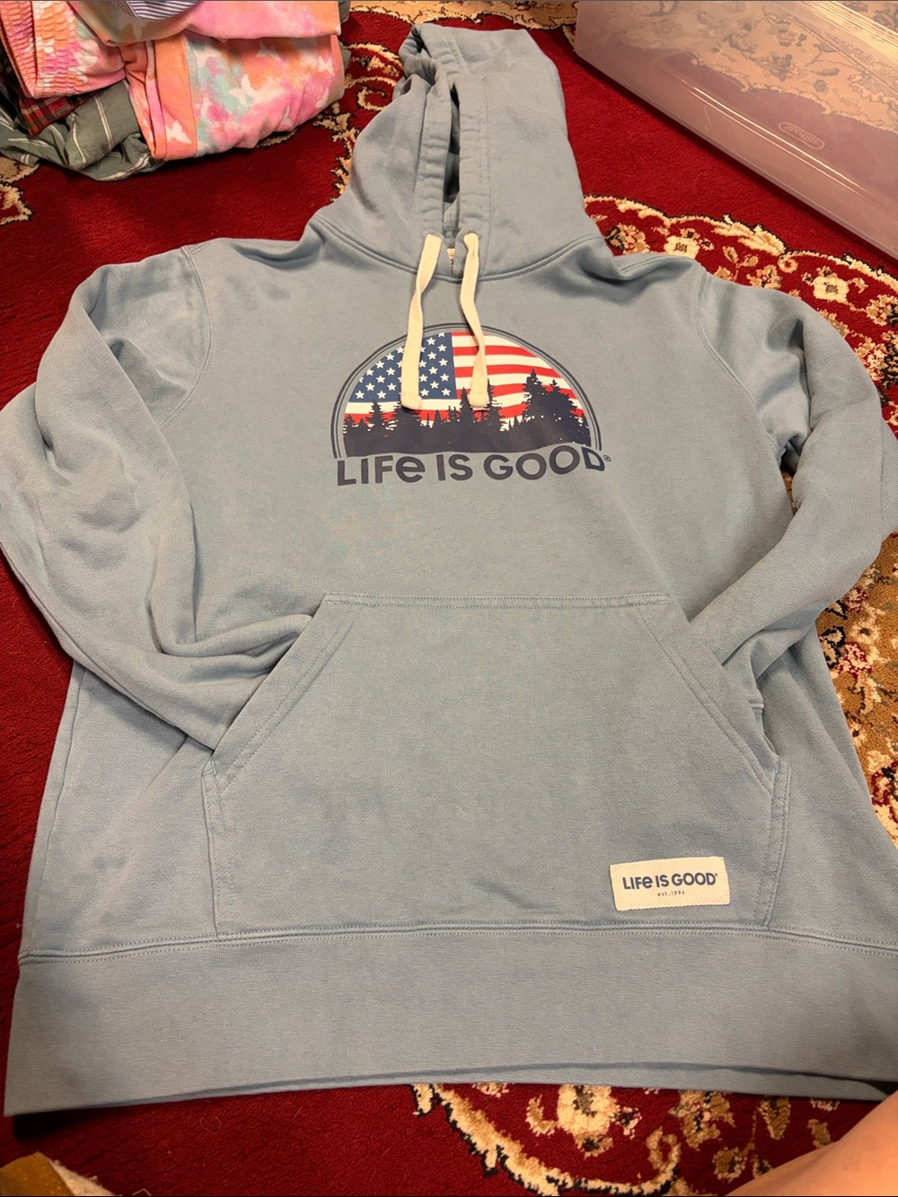 Life Is Good Light Blue Crewneck Hoodie with American Flag Graphic